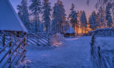 снег зима забор на закате