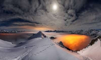 зима горы ночь огни склон