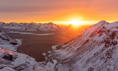 зима горы залив рассвет солнце