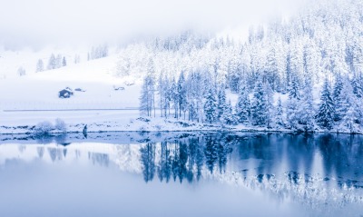 озеро зима снег склон