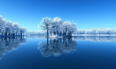 зима озеро водоем мороз иней деревья отражение