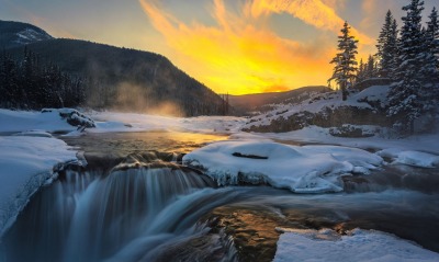 водопад река зема холмы рассвет