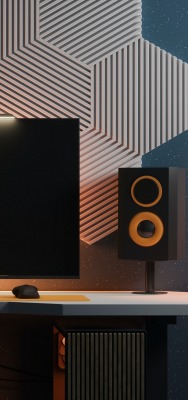 компьютер колонки стол монитор интерьер