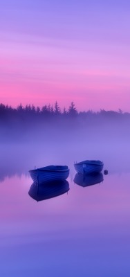лодки утро озеро туман фиолетовый