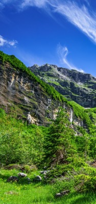 ущелье горы зелень скалы ясный день