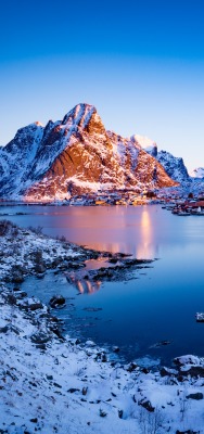 зима норвегия залив водоем горы снег