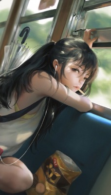 девушка поезд аниме у окна