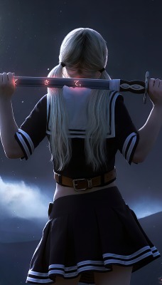 девушка аниме меч луна ночь