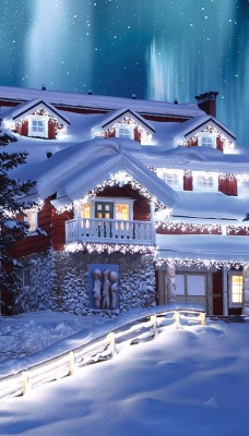 снег зима сияние дом огни ночь snow winter lights the house night
