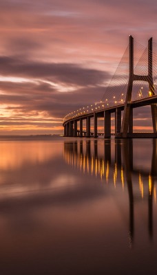 мост огни закат небо