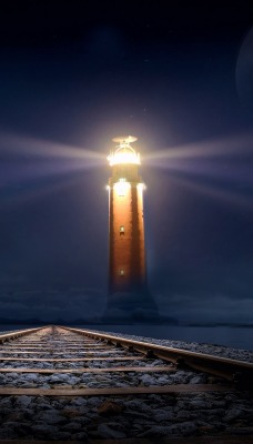 маяк железная дорога ночь свет огни