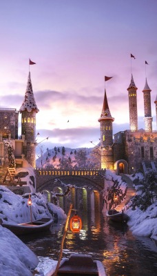 замок фантастика речка зима снег