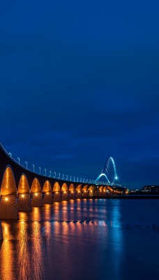 мост подсветка вечер река