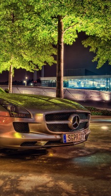 Mercedes SLS HDR стоянка деревья