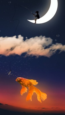 сюреализм мальчик месяц рыба облака