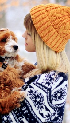 девушка блондинка шапка собака животные природа girl blonde hat dog animals nature