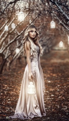 девушки платье белое фонари природа