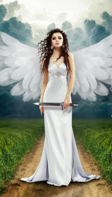 девушка ангел крылья поле молния хмурость