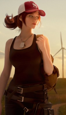 девушка кепка ветряки поле