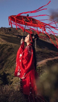 девушка азия япония зонт в красном