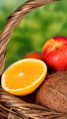 еда корзина фрукты кокос персики апельсины виноград