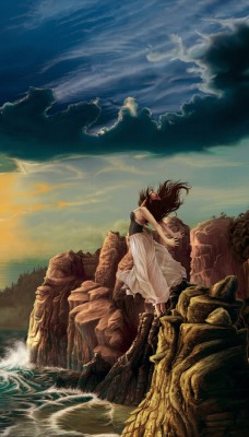 рисунок природа море скалы девушка