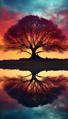 дерево закат озеро отражение