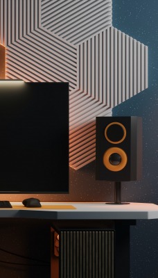 компьютер колонки стол монитор интерьер