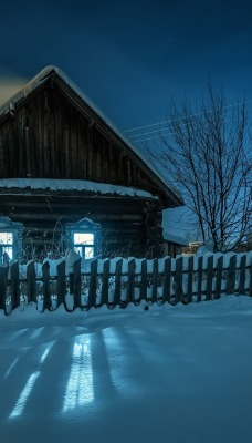 деревня ночь зима снег домик