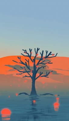 дерево минимализм водоем холм
