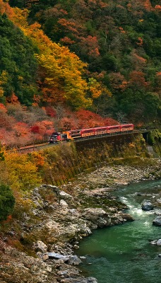 Обрыв горы поезд осень