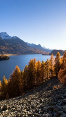 озеро горы осень деревья склон камни