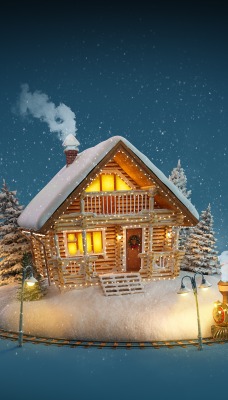 новый год домик огоньки поезд снег
