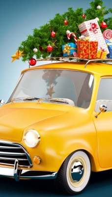 автомобиль желтый мини ретро праздник новый год
