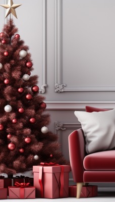 комната гостиная елка красная шары украшения подарки диван