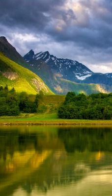 Зеленый пейзаж с озером