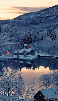Деревушка на берегу озера, зима. горы
