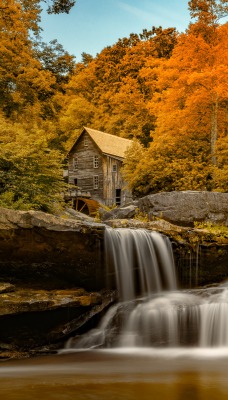 природа водопад деревья осень дом nature waterfall trees autumn the house