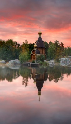 церквушка озеро туман Church the lake fog