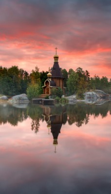 церквушка озеро туман Church the lake fog