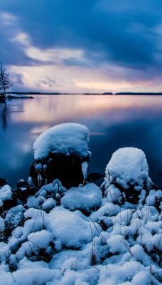 снег озеро вечер snow the lake evening