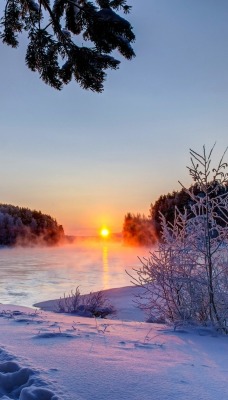 снег зима закат река snow winter sunset river