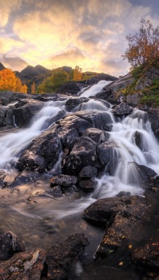 водопад рассвет горы