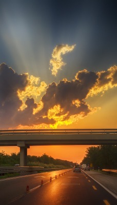 мост закат дорога небо лучи деревья