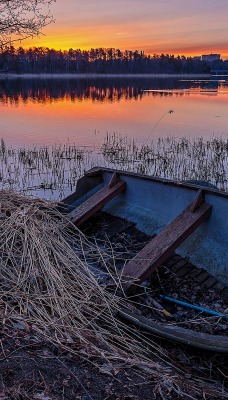 лодка озеро деревья сумерки