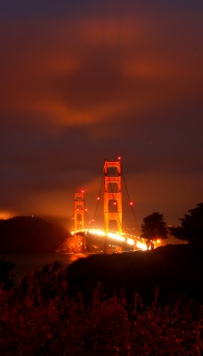 мост свечение огни ночь туман облака