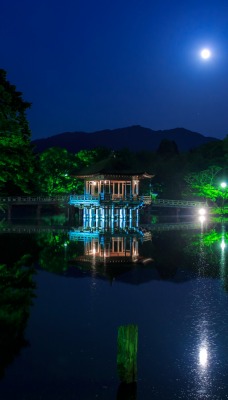озеро фонари парк мостик отражение вечер