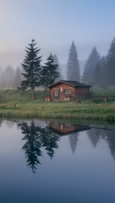 туман утро река баня на берегу