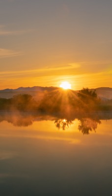 рассвет солнце туман водоем озеро