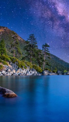 озеро горы сумерки галактика звезды штиль